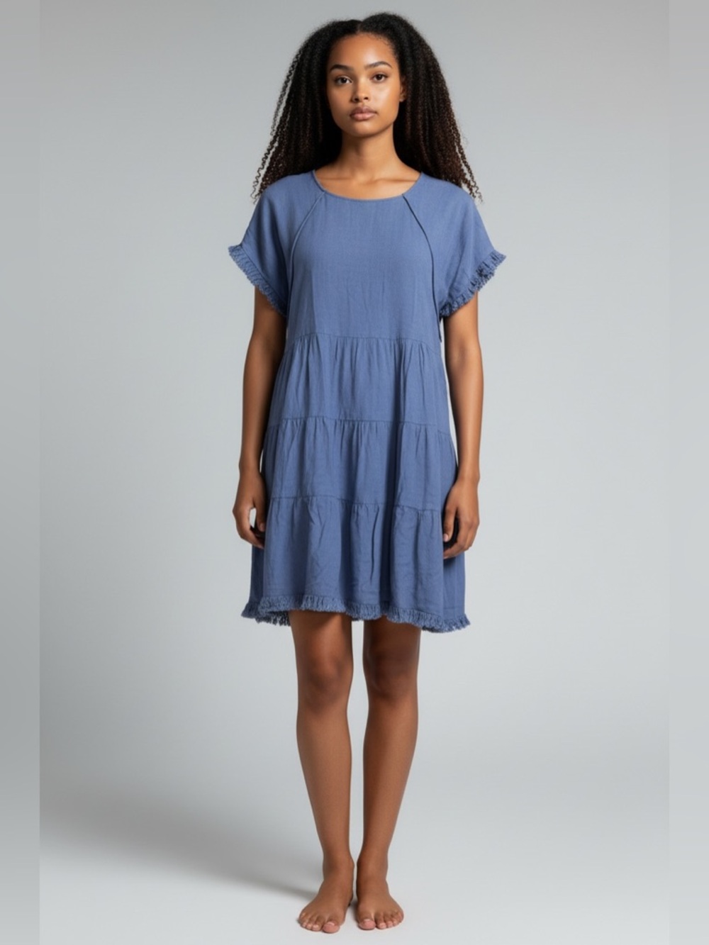 Umgee Blue Tiered Boho Mini- Midi Dress with Fringe Sleeves